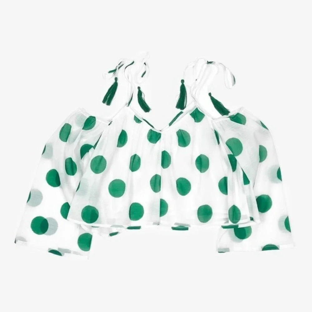 Line & Dot Green Polka‎ Dot Top Size XS White Green Cold Shoulder Flowy Summer